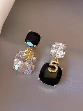 NEW Gold-Tone Black CZ and Clear CZ Drop Earrings - Number 5 and Clover Accent